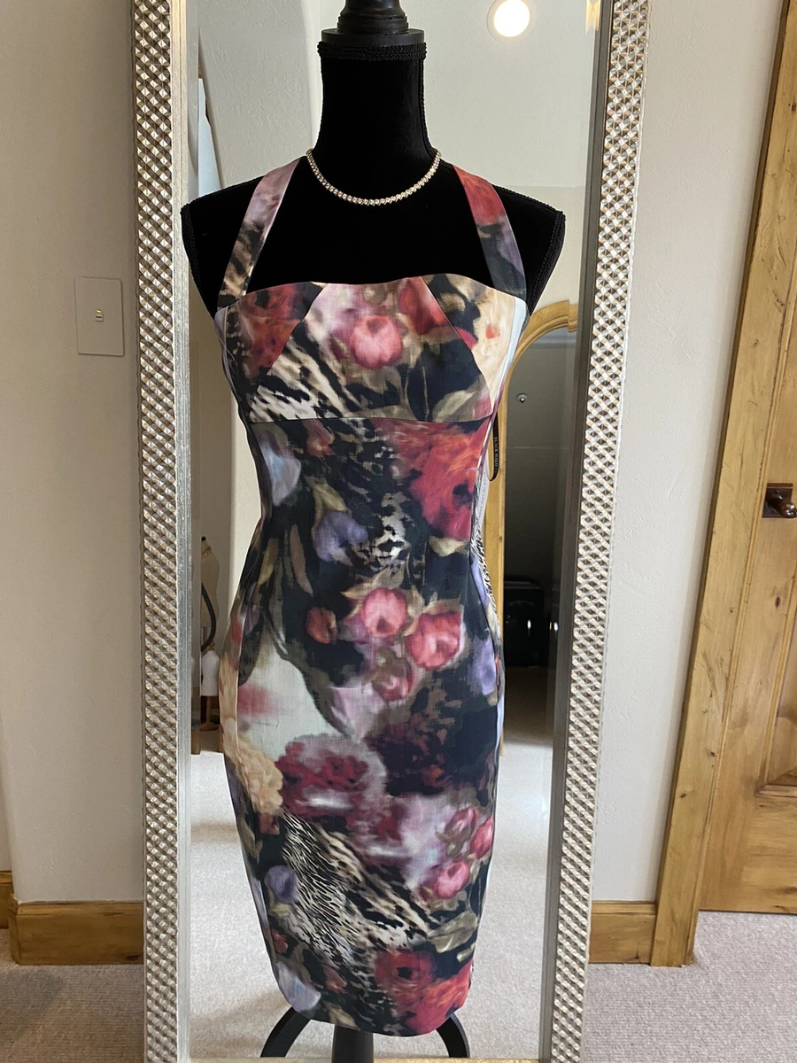 BLACK HALO Womens Black Zippered Seamed Floral Spaghetti Strap V Neck Above The Knee Sheath Dress