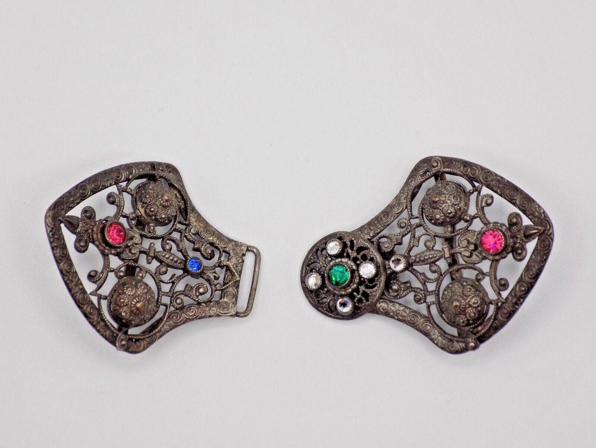 Czechoslovakia Rhinestone Filigree Belt Buckle Set Vintage Rhinestone Filigree Belt Sash Buckle 2 Piece  main image 2