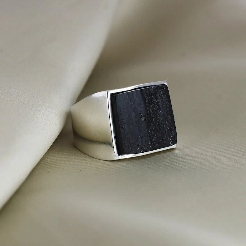Black Tourmaline Signet Men's ring 925 Sterling Silver Ring Gift For Him
Opens in a new window or ta