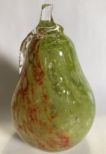 Blown Glass Pear Fruit Figurine Green Red With Applied Stem 4.75” - Picture 9 of 10