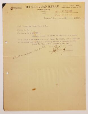VTG COMMERCIAL LETTER / SUCN DE JUAN B FRAU / JAYUYA PUERTO RICO 1926