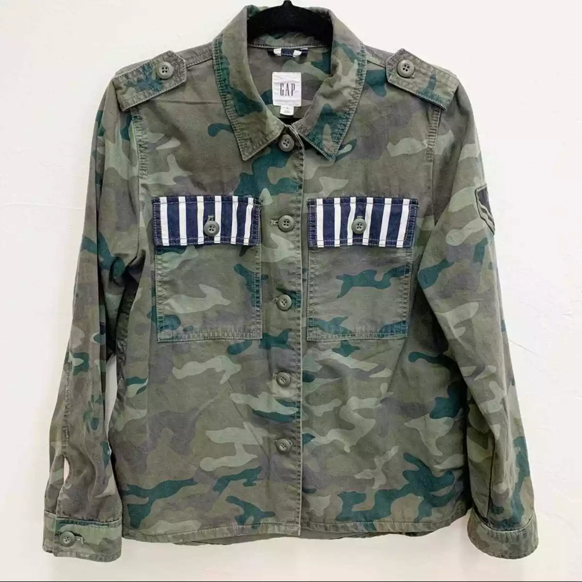 GAP Womens Green Camo Striped Military Style Shacket Jacket