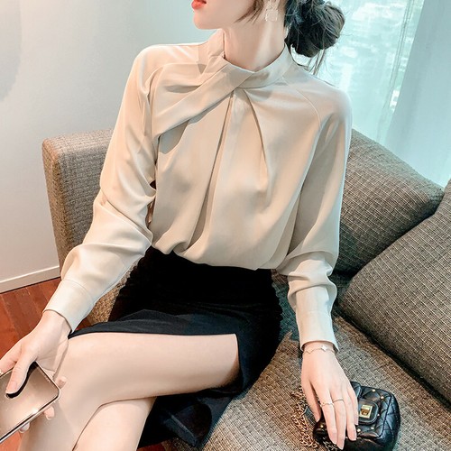 Elegant Womens Long Sleeve Ruched Satin Chiffon Business Work Office Shirts Tops - 第 1/8 張圖片