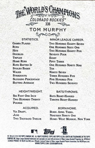 2016 Topps - Allen & Ginter Baseball #336 Tom Murphy World's Champions Rockies - Picture 2 of 2