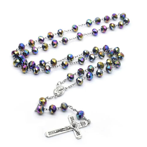 Glass beaded Rosary prayer worry beads rainbow coloured necklace crucifix cross - Photo 1/4