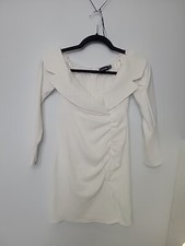 Pretty Little Thing Short White Dress Sz 00 3/4 Sleeve Swoop Collar Side Ruffle 