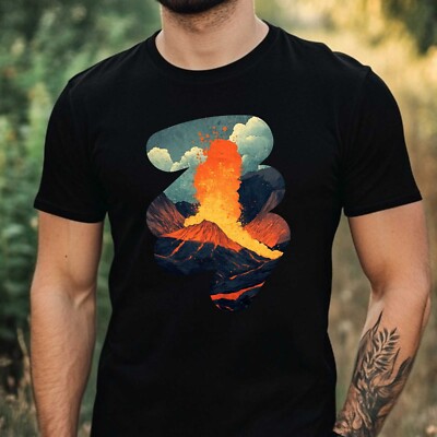 Mens Volcanic Landscape Motif Cotton T-Shirt Size XS to 5XL