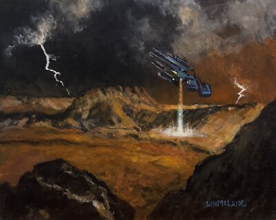 Original Sci Fi Painting UFO Landing New Planet Lightening Acrylic/Canvasboard