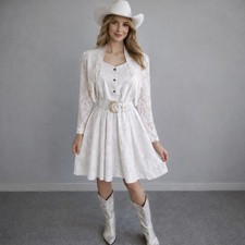 Vintage 80s Western Ivory Wedding Dress Size 8 Lace Pleated Fringe Cowgirl