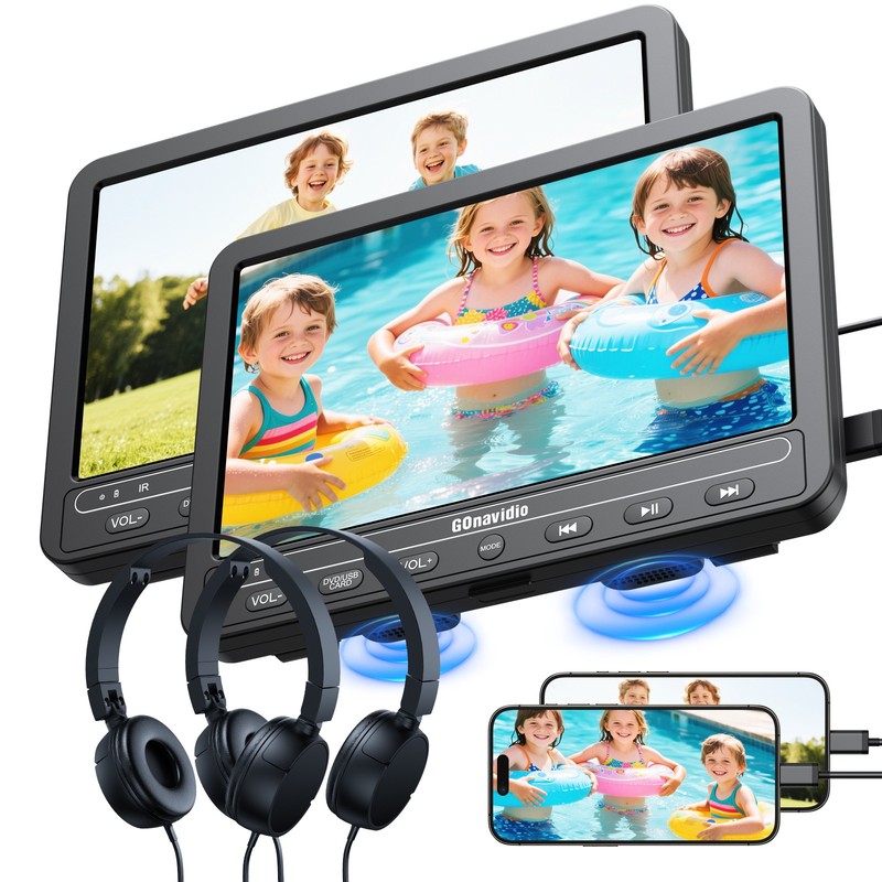 2x 10.1" Dual Screen Car Headrest Monitor Portable DVD Player + Battery/Headset