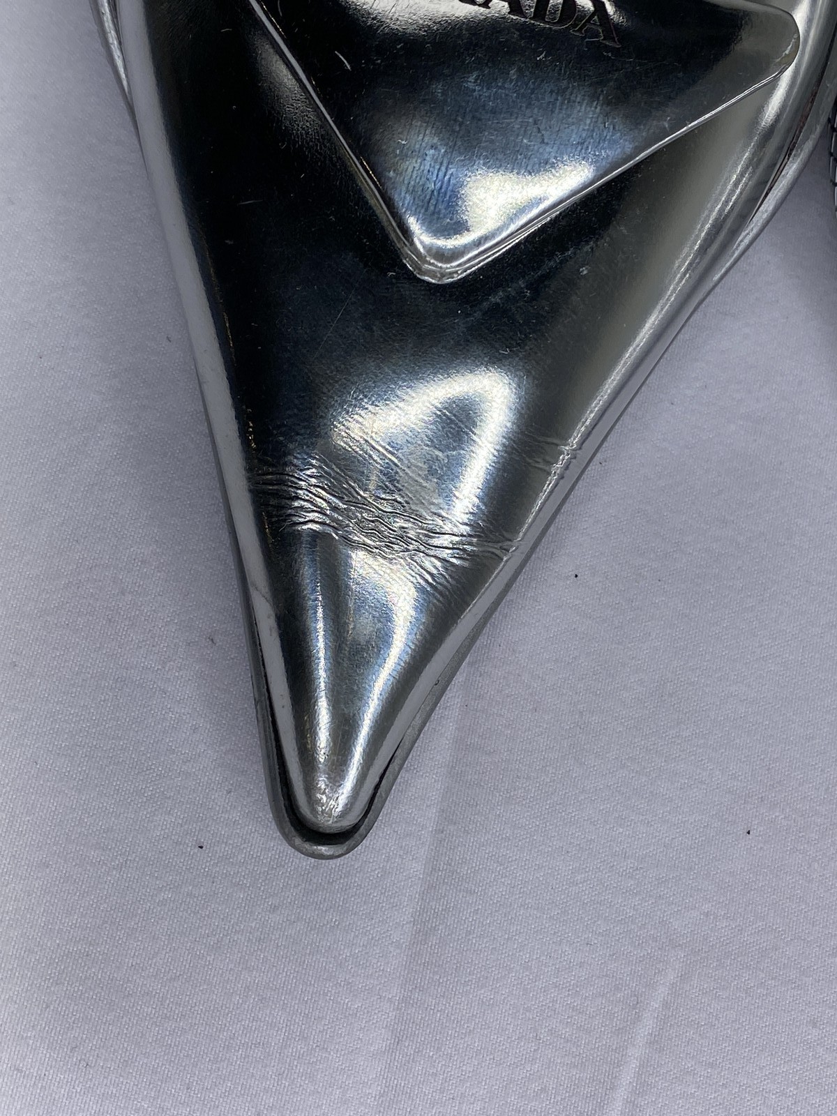 Prada Womens Pumps Silver Size 7.5 Pointed Slingback Low Kitten Heel Logo thumbnail 4