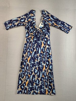 Diane von Furstenberg Women Dress 0 Blue Leopard Print 3/4 Sleeve V Neck Knee L