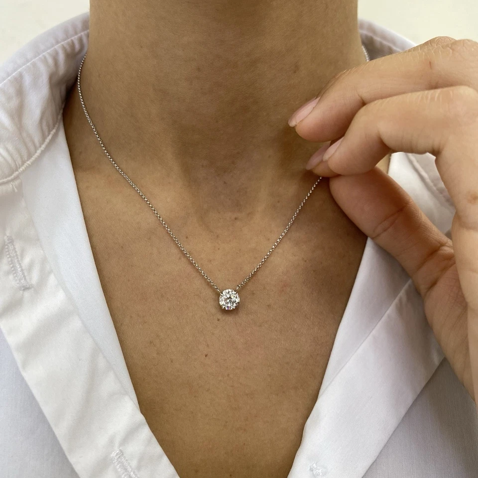 Diamond Pendant Solitaire Necklace Round E VS1 1 Carat Labcreated 14K White Gold - Image 3 of 4