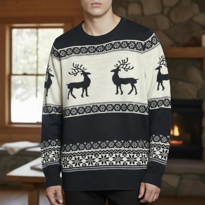 Livergy Mens Sweater Size Large Moose Deer Print Navy Blue Icelandic Fair Isle