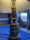 Vintage Ornate Brass and Metal Table Lamp, White Shade w/Brass Torch Finial — photo 9