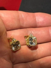 JUDITH RIPKA STERLING SILVER 925 & GOLD TONE CZ CLIP ON DROP DANGLE EARRINGS 