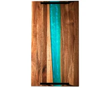 Visually Stunning Celeste Blue Resin + Acacia Wood Serving Board with Handles...