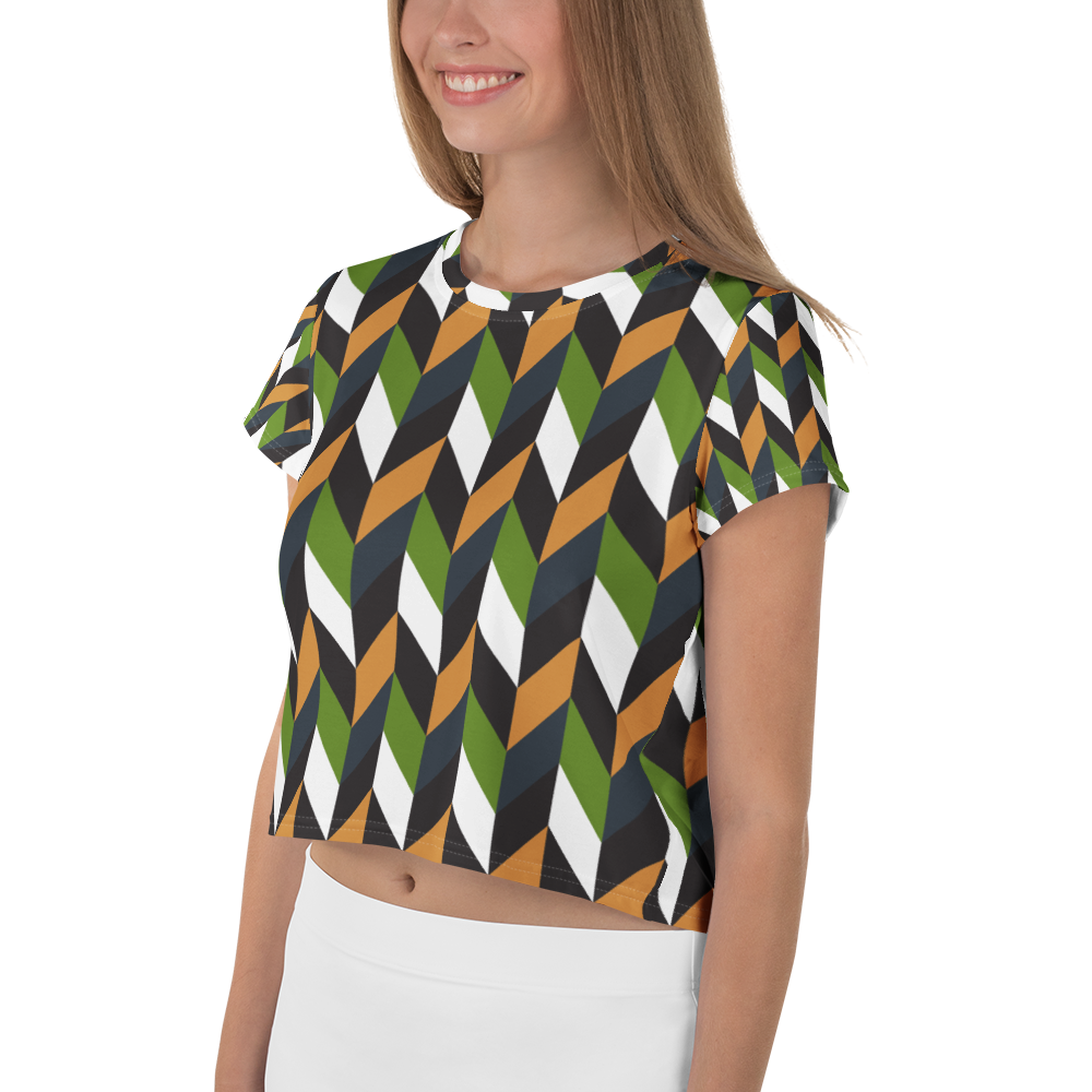 Women's Green Orange Geometric Crop Top Chevron Pattern Stretch Jersey