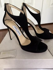 Authentic JIMMY CHOO Heels Black Suede Lana 100 T Strap Sandals Size 37.5