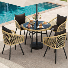 5-Piece Rattan Outdoor Dining Set with Cushions Umbrella Hole, Light Brown