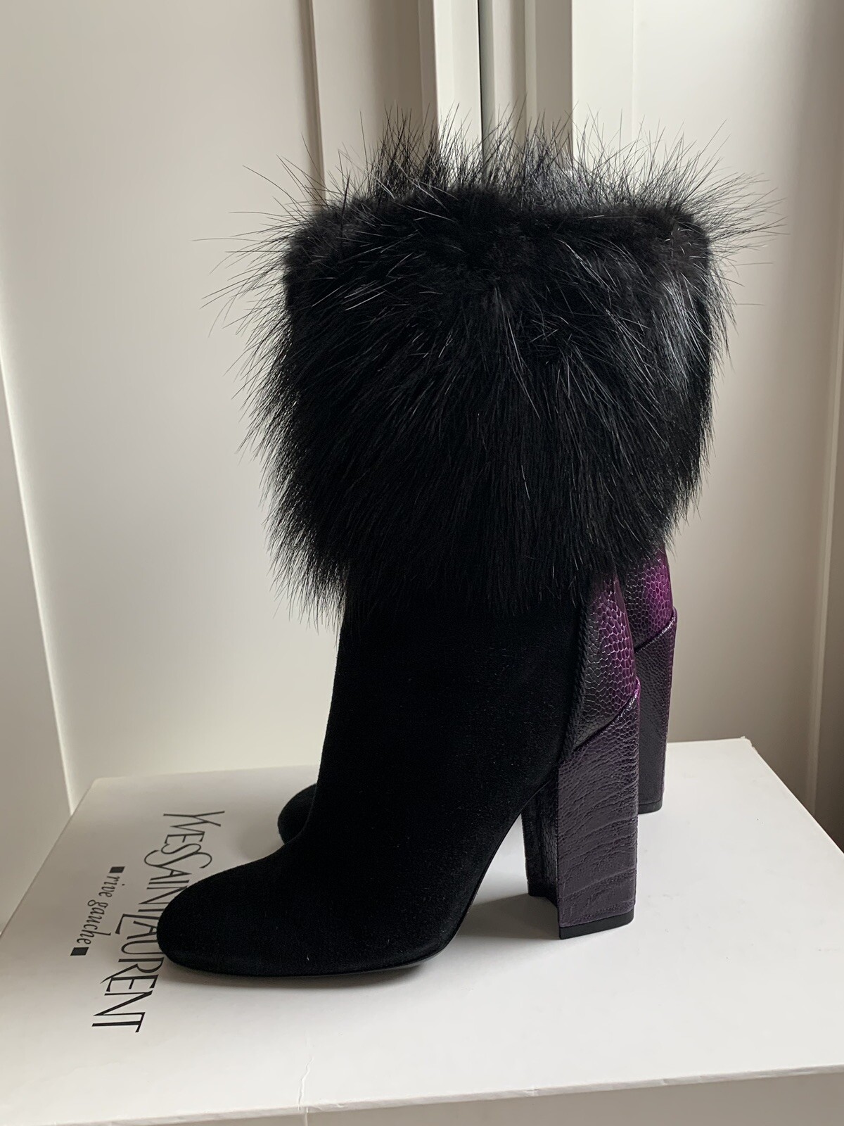 STIVALI YVES SAINT LAURENT DONNA PELLE SCAMOSCIATA MAUVE NERI CON FINITURE IN PELLICCIA DI CASTORO EU35