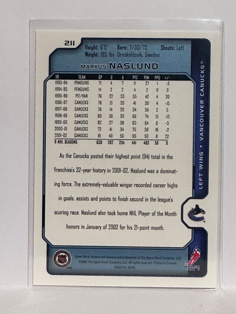 その他 Upper Deck Markus Naslund 1 of 1 Markus Naslund Autographed Vancouver Canucks Rookie Card