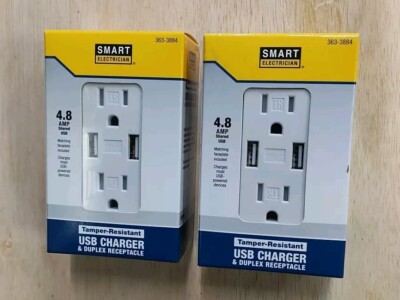 USB Charger Wall Outlet 363-3884 Duplex Receptacle 15 Amp, Smart 4.8A NEW X 2