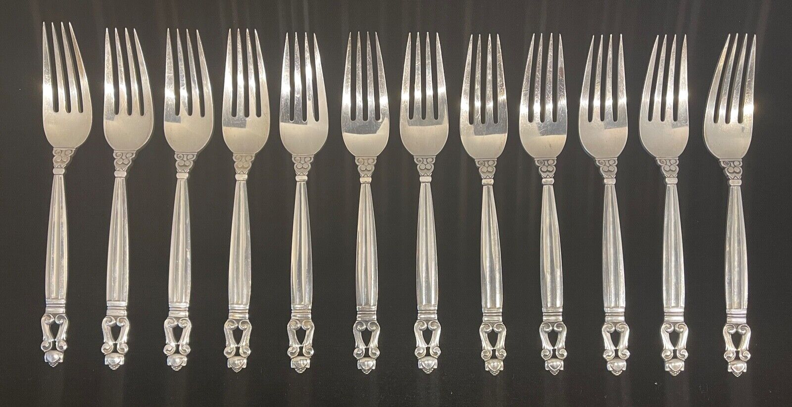 Set of 12 Sterling Silver Dinner Forks 7.50" Georg Jensen Acorn Pattern