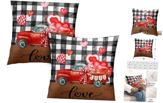 Valentines Day Heart Red Truck Pillow Covers 18x18 Set of 2