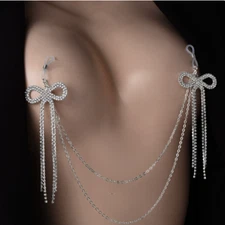 Women Rhinestone Nipple Bowknot Outline Tassel Metal Jewelry Body Chain 36521