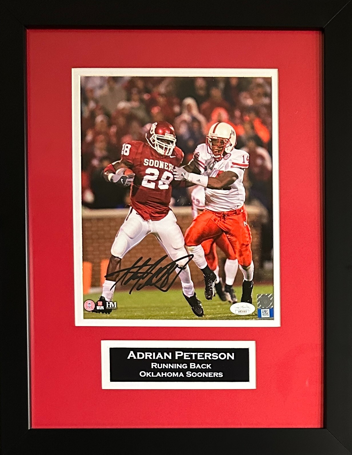 Adrian Peterson autographed framed 8x10 photo NCAA Oklahoma Sooners JSA ...