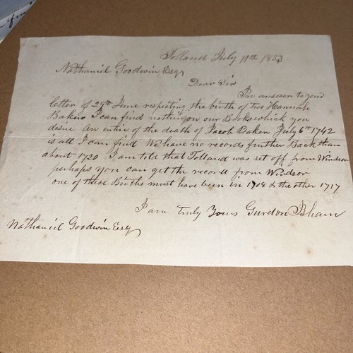 1853 Letter to Famous Hartford Genealogist: Formation of Tolland CT from Windsor