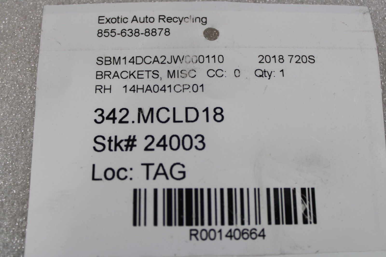 McLaren 720S, Muffler/Transmission Bracket, Used, P/N 14HA041CP