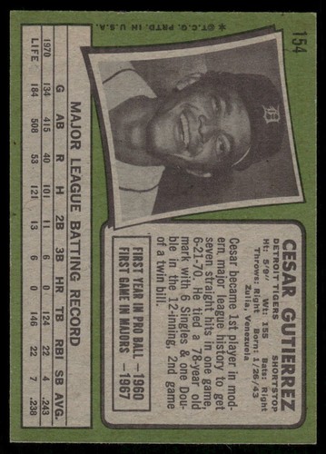 1971 Topps #154 Cesar Gutierrez Detroit Tigers - Picture 2 of 2
