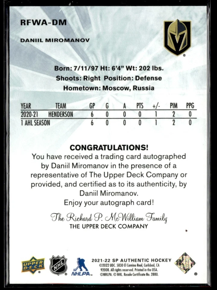 2021-22 SP Authentic Future Watch - Auto Daniil Miromanov Rookie /499 #RFWA-DM - Image 2 of 2