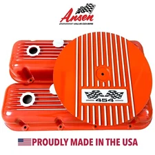 454 Big Block Chevy Finned Orange Valve Covers & 13" Air Cleaner Kit - Ansen USA