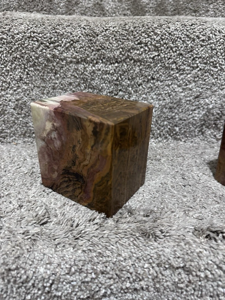 VTG Tan Marbled Stone Square Heavy 3” X 4” Mid Century Modern Decor Bookends - Image 3 of 4