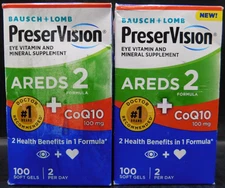 2 Pk Bausch+Lomb PreserVision AREDS2+CoQ10 Eye Vitamin 100 Gels Ea Exp:5/26+ New