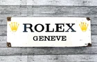 VINTAGE 11.5x4" ROLEX GENEVE GASOLINE PORCELAIN SERVICE PUMP STATION OIL SIGN