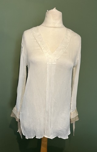 Massimo Dutti Ivory Silk Long Sleeve Blouse Tie Cuffs Crinkle Size UK 10 EU 38