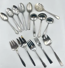 Assorted Stainless Steel Serving Pieces, Lot Of 14 Slotted Spoons, Ladles, Forks