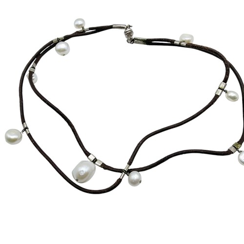 Pearl Leather Necklace Freshwater Pearls Choker Double Strand, Vintage Stunning - Bild 2 von 9