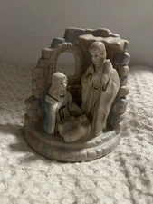 Vintage Blue White Ceramic Gloss Nativity Manger Mary Joseph Jesus Christmas