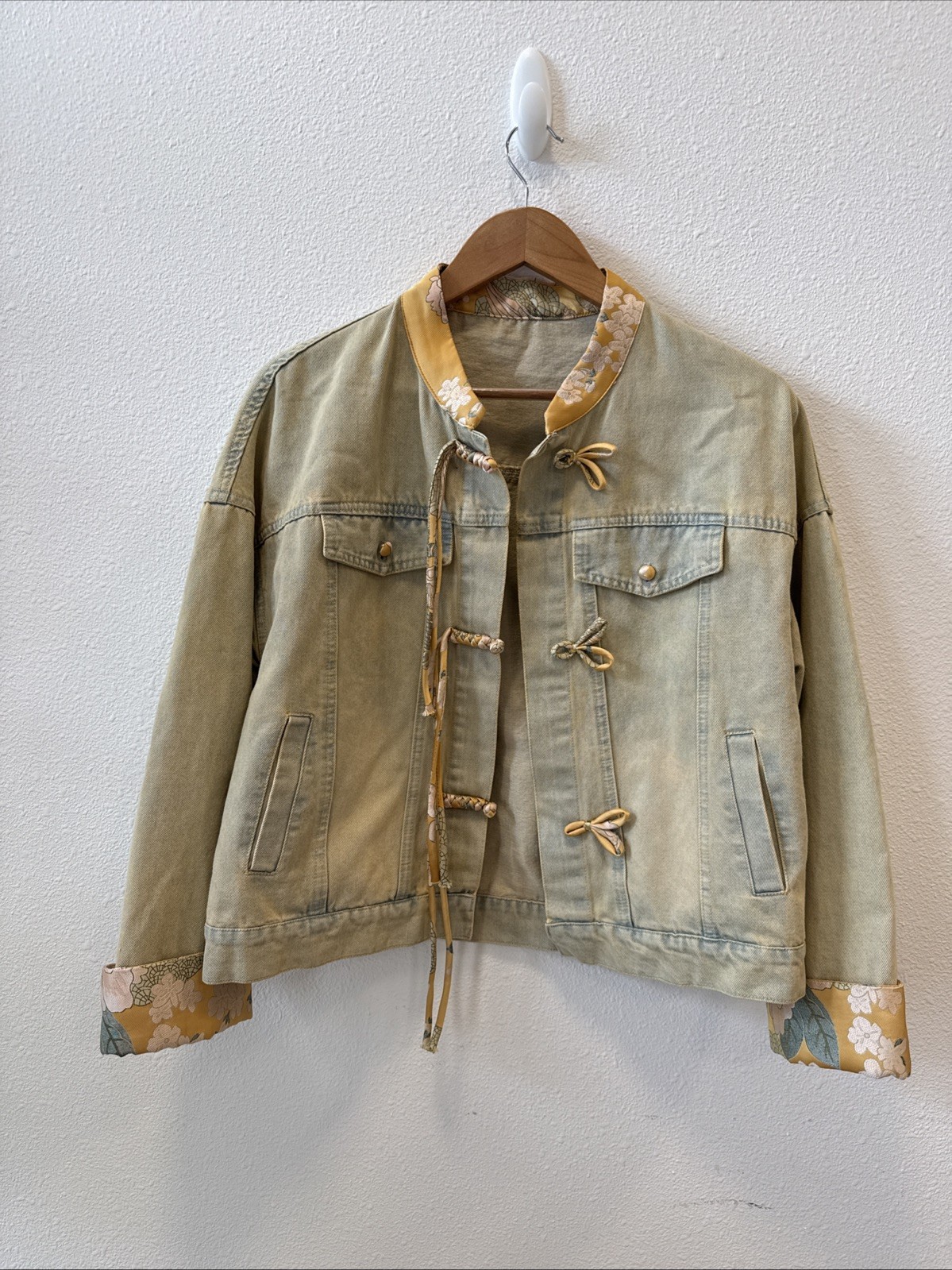 Denim Jacket With Floral Embellished Collar And Button Detail Women’s Size M-image
