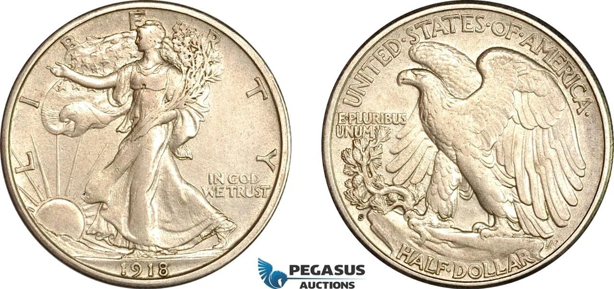 AU 50 Graded 1918 Year Liberty Walking Half Dollars (1916-1947