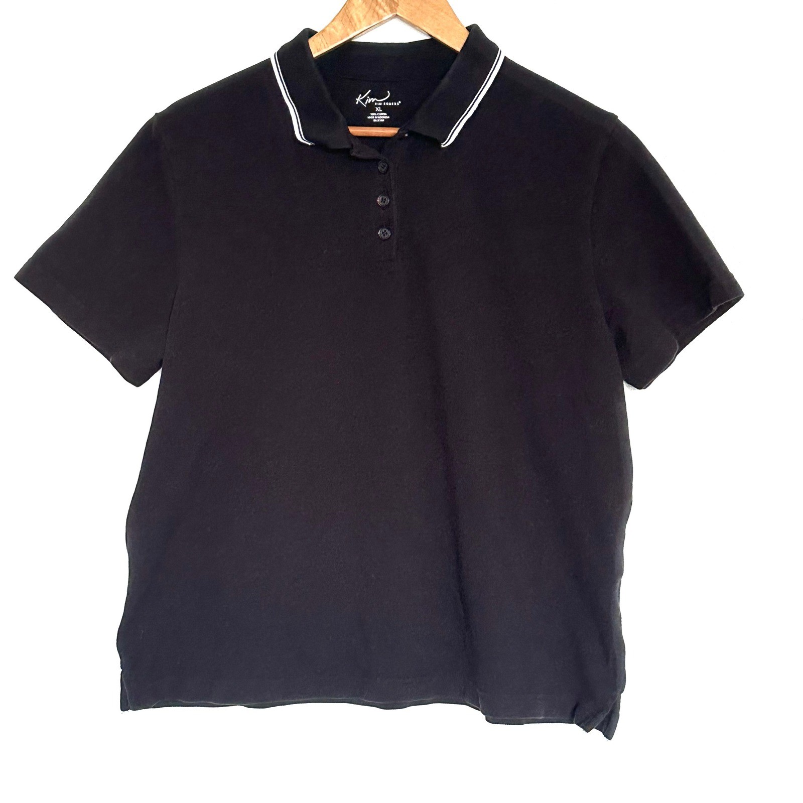 Kim Rogers Polo Shirt Women's XL Black White Cotton Short Sleeve Collared Top