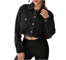 Womens Large Black Cropped Denim Jacket Raw Hem Oversized