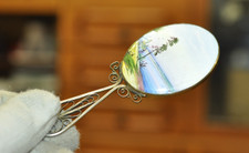 Vintage Nickel Silver Hand Mirror Enamel Landscape 12 cm Ornate Filigree Handle