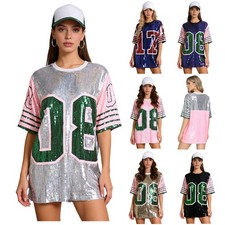Womens Sequin Oversized T-shirt Short Sleeve Sporty Tops for Dancing Raves Party