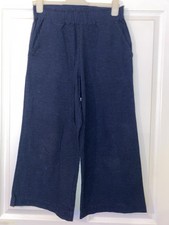 Image of Ladies Beau Sz 6 Navy Fine Check Linen Mix Wide Leg Crop Stretch Waist Trouser❤️